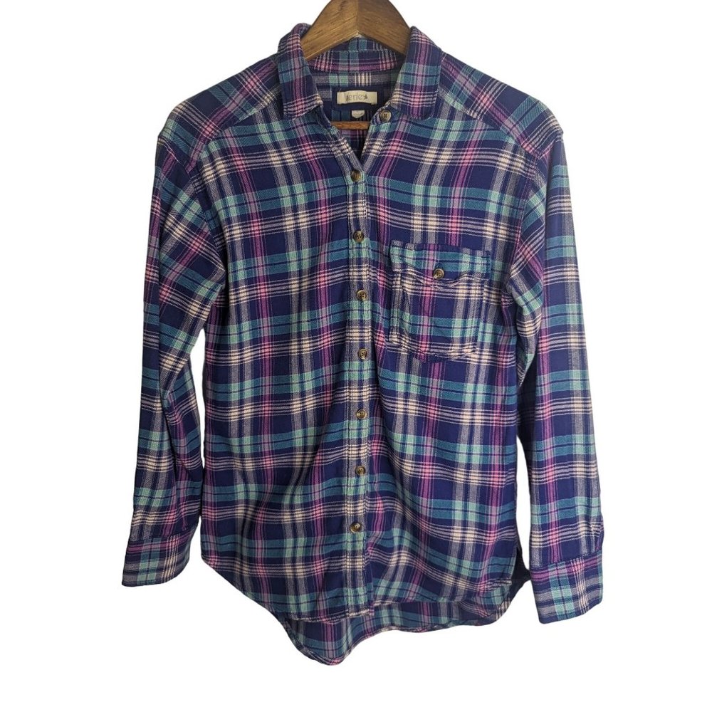 Aerie Women's Classic Cotton Flannel Purple Plaid Shirt Front Pocket sz S